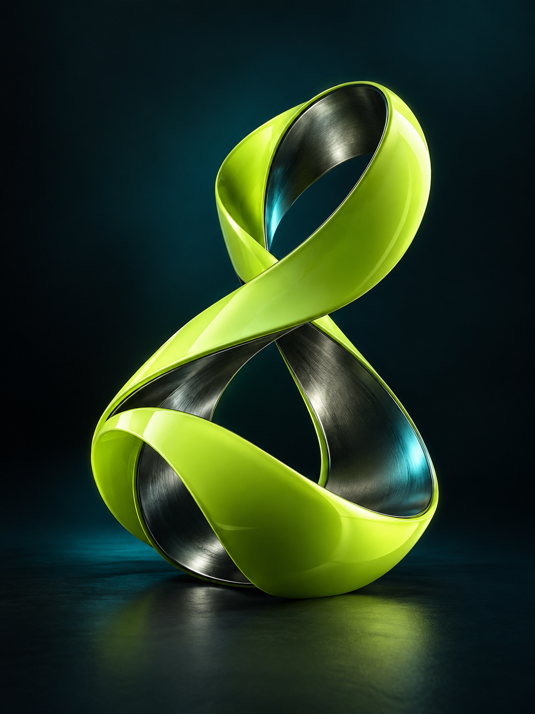 Sculptural lime ribbon with chrome and cyan reflections, rising against a deep petrol background